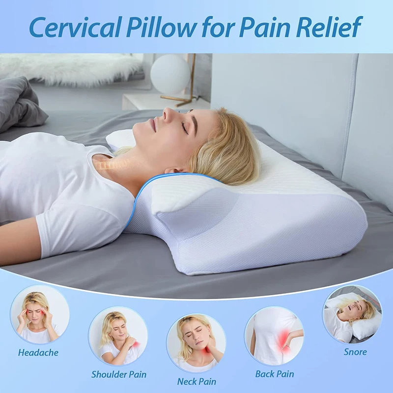Memory foam cervical neck pillow, white with gray mesh and ergonomic neck contour support