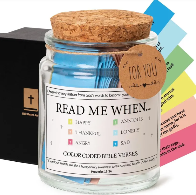Clear glass scripture jar with cork lid, 'READ ME WHEN…' label and 'FOR YOU' tag