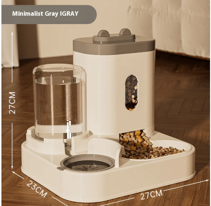 Automatic 2-in-1 pet feeder in gray and white with clear water tank and food bowl