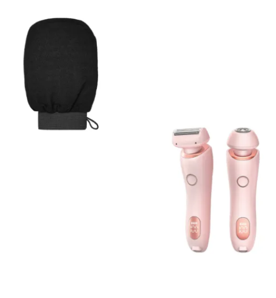 Electric duo body shaver set in pink, with black pouch accessory