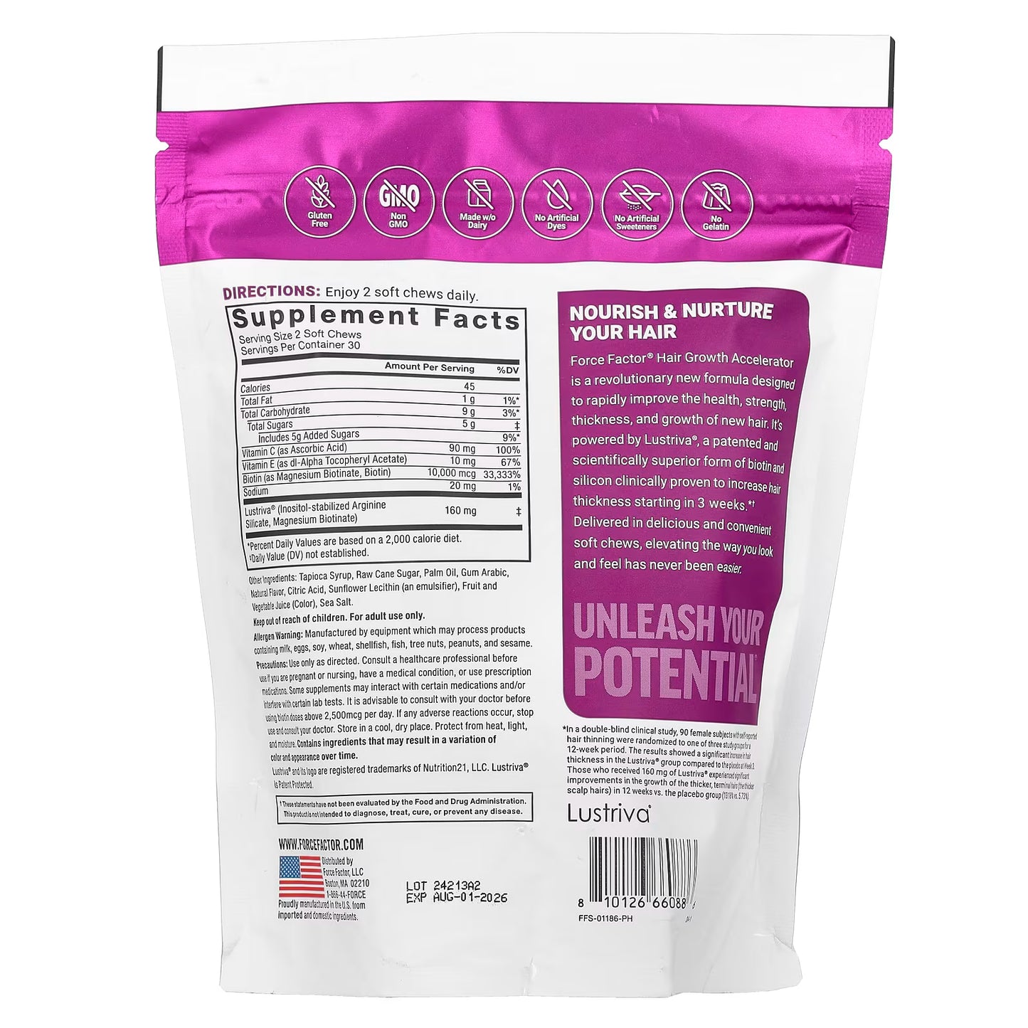 Hair growth soft chew supplement facts and directions back panel on pouch