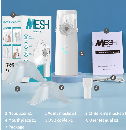 White mesh nebulizer with blue indicator button, masks, and USB cable in box set.