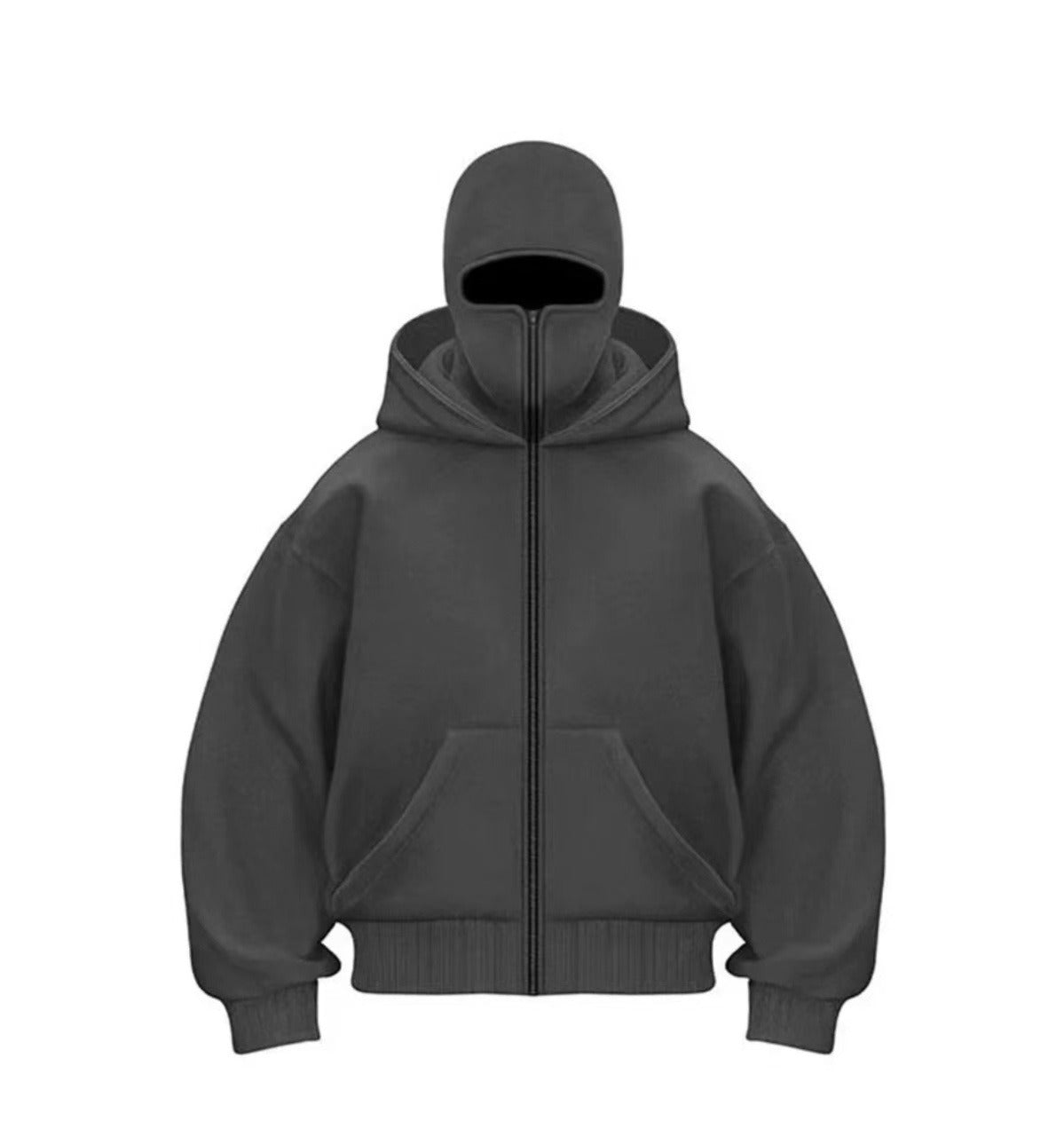 Charcoal gray hooded zip-up jacket with kangaroo pockets and ribbed cuffs