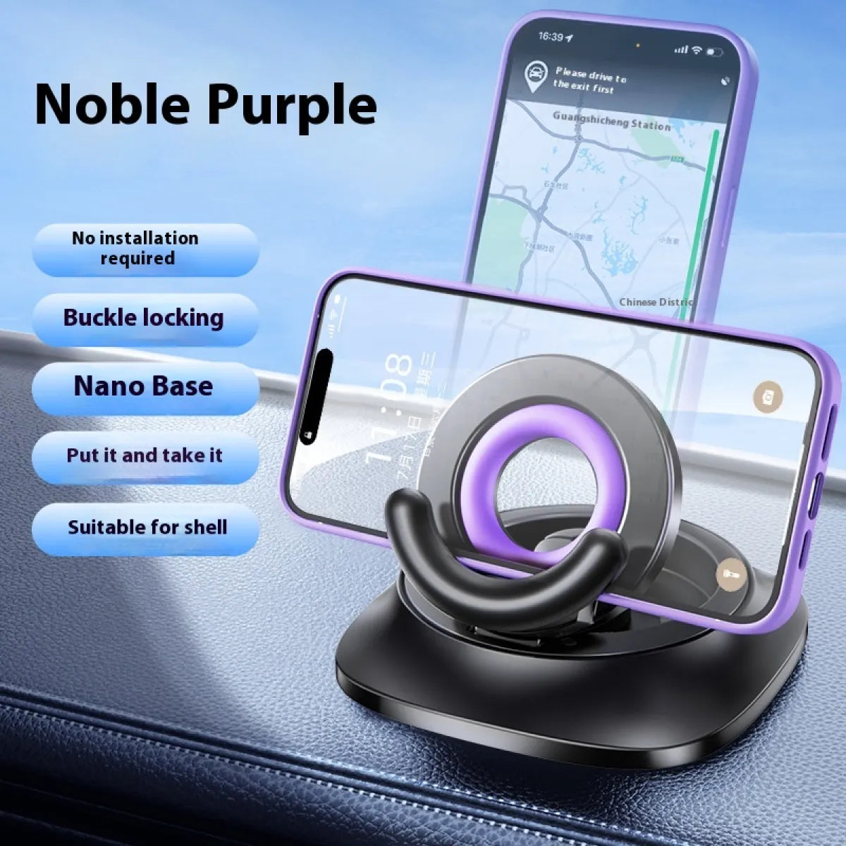 Noble purple magnetic car phone mount with ring cradle holding a smartphone on dashboard