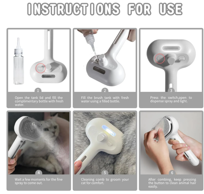 Pet grooming spray brush, water bottle and tank filling shown in diagram