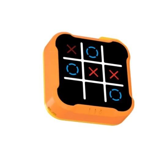 Orange-framed tic-tac-toe board with black grid, blue circles, and red X marks