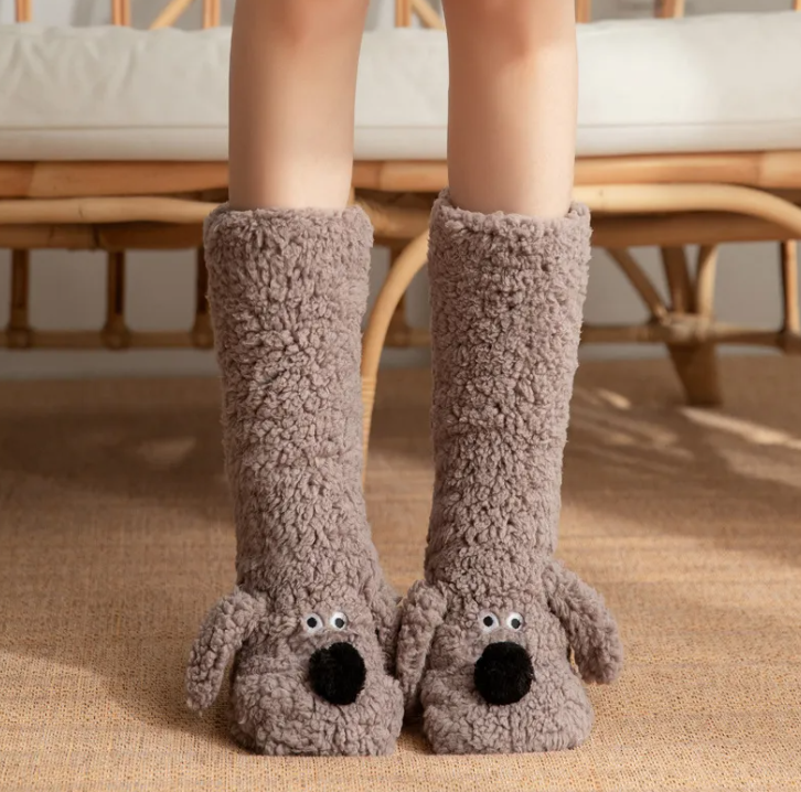 Women’s plush dog socks in light brown with stitched dog face and ears