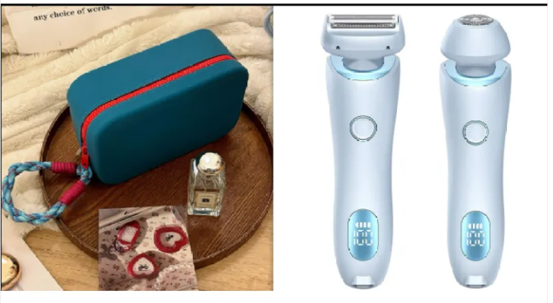 Electric duo body shaver set in light blue, with two shavers and a teal zip case