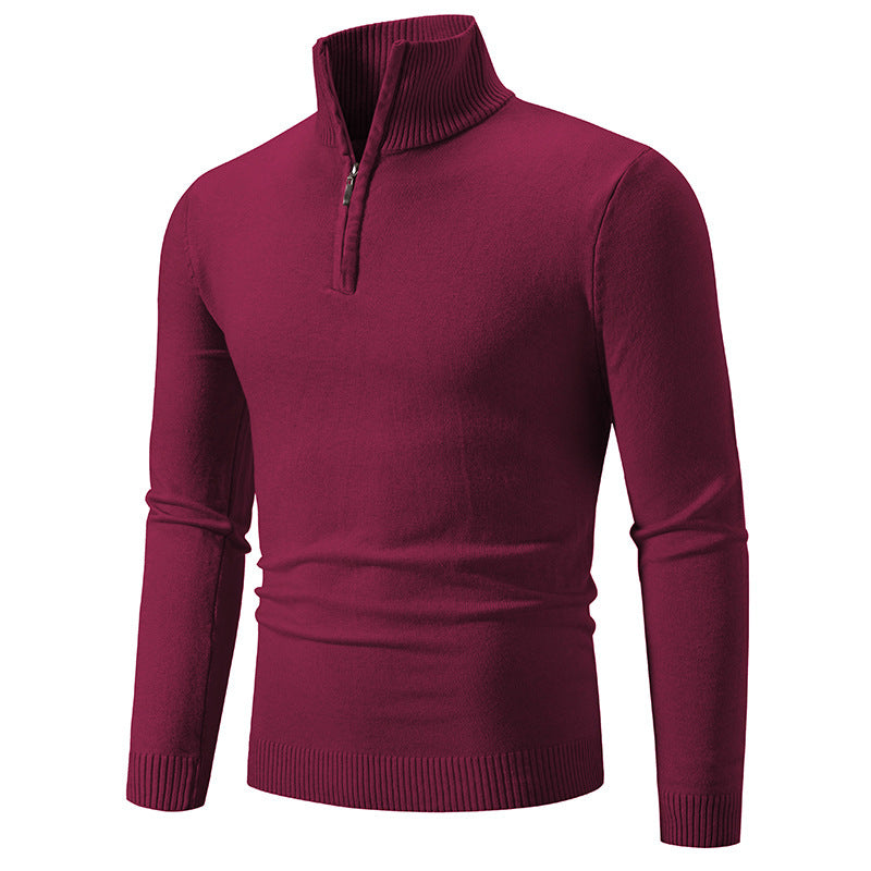 Men's fleece zip mock neck pullover sweater, burgundy with half-zip collar