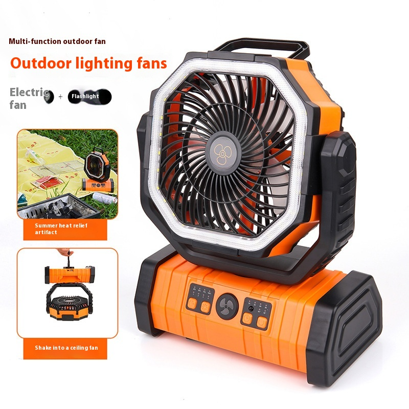 Orange portable camping fan with power bank and front grille, angled view