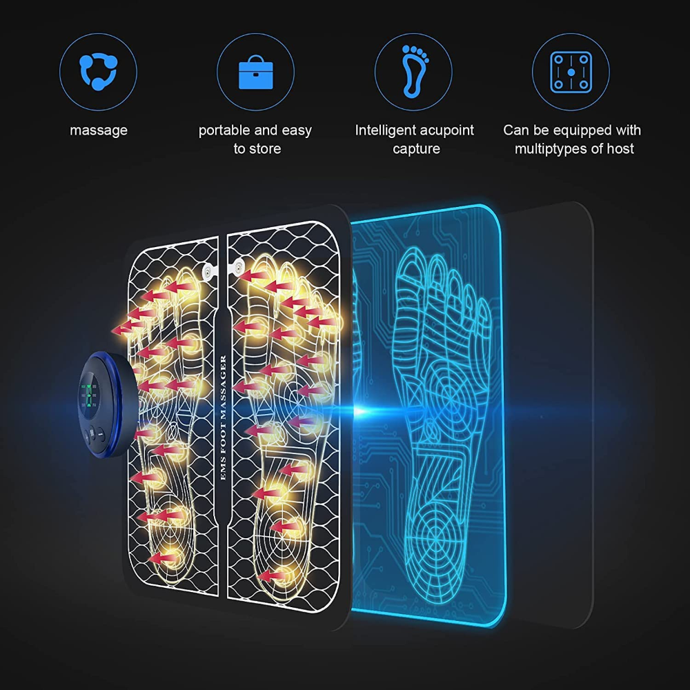 Foot massage pad showing illuminated acupoint heat and vibration zones