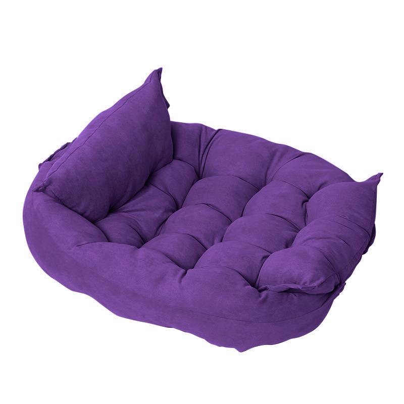 Foldable pet nest sofa bed in violet purple with tufted cushion center and bolsters