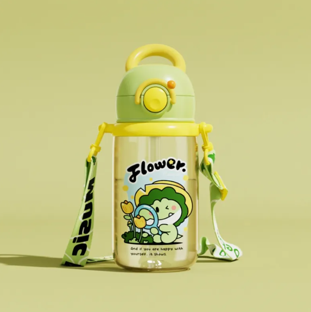 Kids whale water bottle, green/yellow sippy cup with flower graphic and carry strap