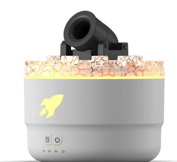 White ultrasonic humidifier with crackle lid, nozzle, and yellow leaf-like light logo
