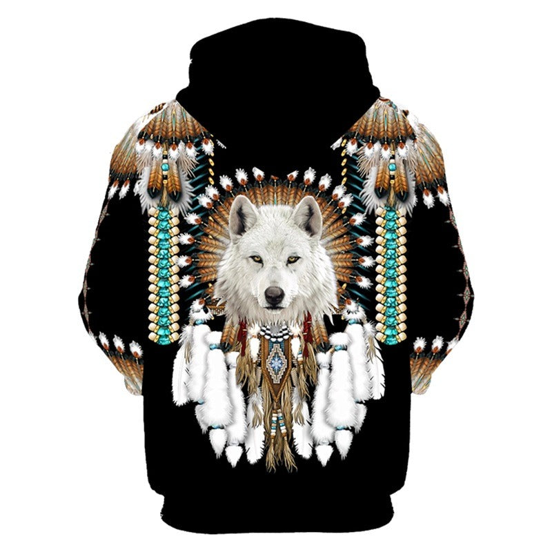 Men's wolf print hooded pullover, black fabric, white wolf face center with feather accents