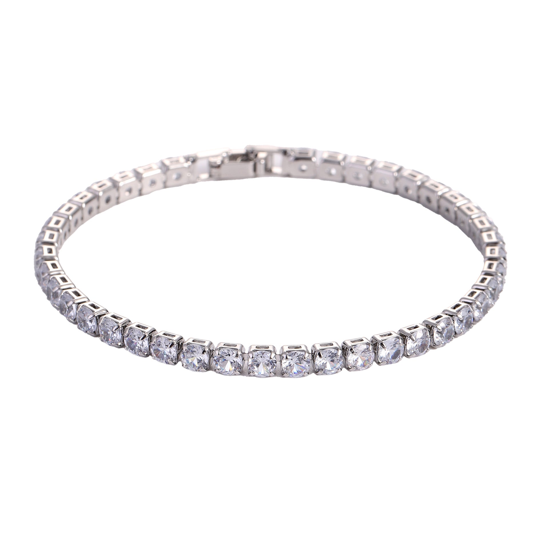 Silver-toned tennis bracelet with bright clear zircon stones, tight row