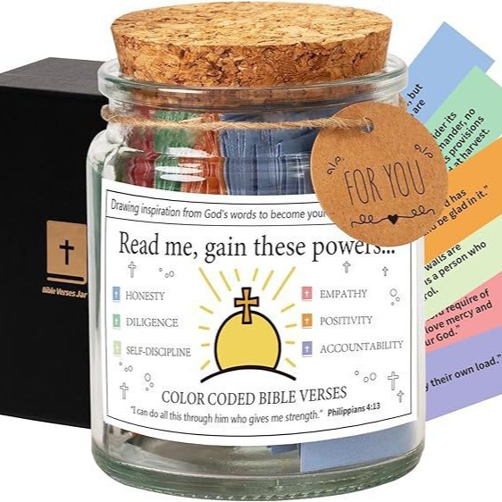Glass scripture card jar with cork lid, “FOR YOU” tag and “Read me, gain these powers...” label.