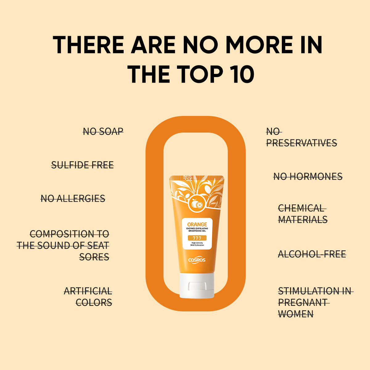 Orange exfoliating whitening gel tube, orange-and-cream label, white cap