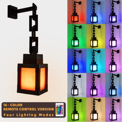 RGB lantern table lamp with remote, glowing orange inside black lantern