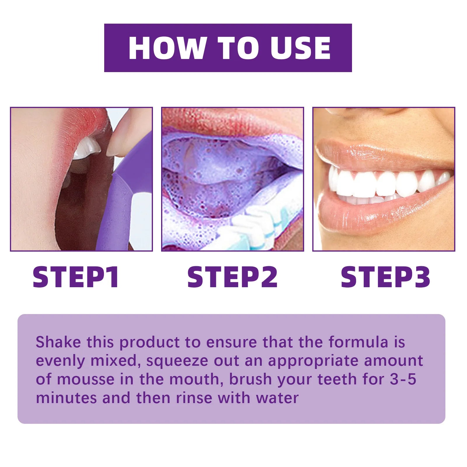 Tooth mousse application steps shown with product nozzle and brushing on teeth