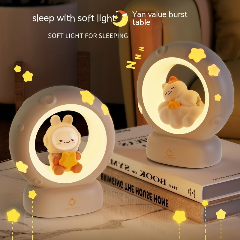 Moon night light lamps: bunny and kitten figures in glowing round rings on bases