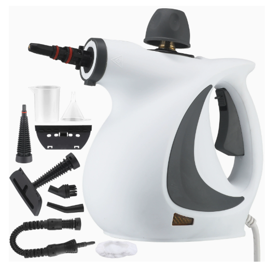 White steam cleaner with black handle and nozzle, included brush and hose parts