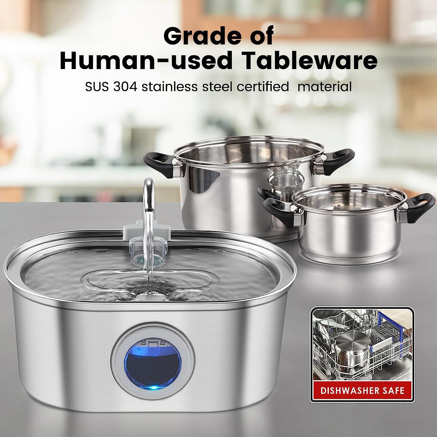 Stainless steel pet water fountain with blue indicator window and tall spout, dishwasher-safe