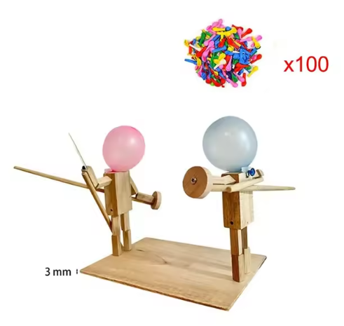 Wooden balloon fighter puppet set with two puppets and pink and gray balloons, x100