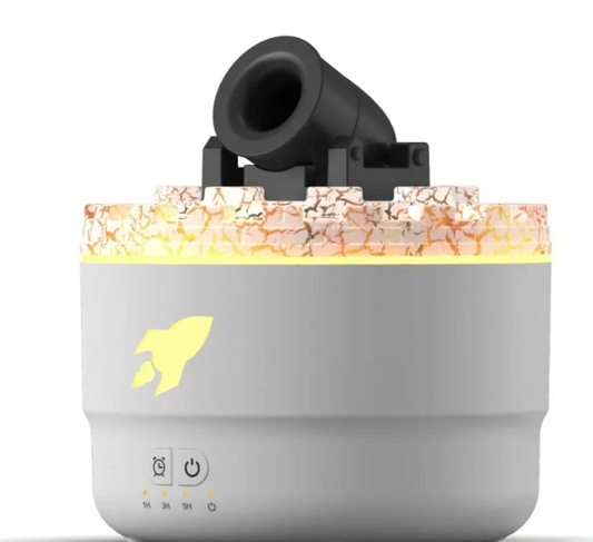 White ultrasonic humidifier with lava-style crack texture and nozzle, night light icon on front