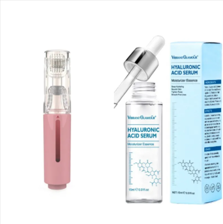 Microneedle roller, pink applicator, serum bottle, and blue hyaluronic acid carton
