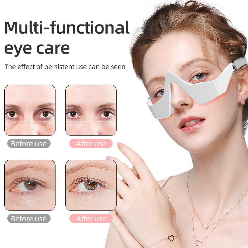White eye massager worn on face with red light strip near eyes