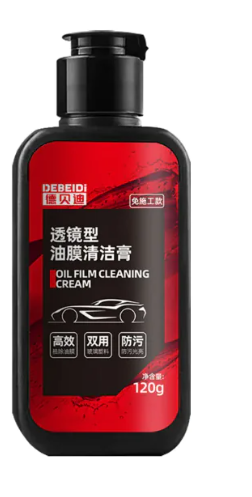 Car glass oil film remover, black bottle with red label and flip cap