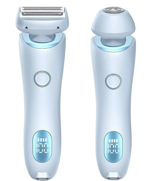 Light blue electric body shaver duo with rotary heads and glowing LED display windows