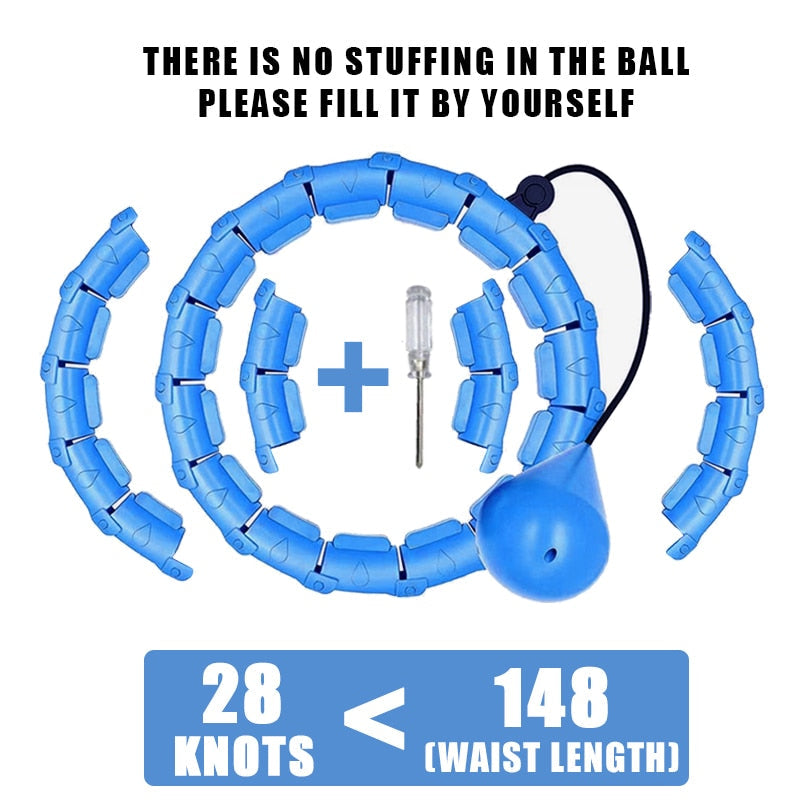 Blue weighted hula hoop with segmented ring and massage ball, black cord, silver rod