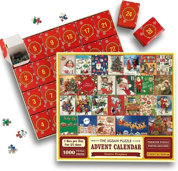 Christmas advent calendar jigsaw puzzle set with numbered grid layout and poster
