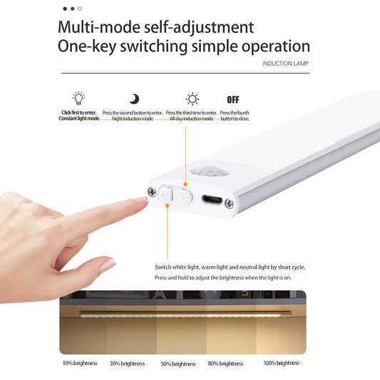 Wireless motion-sensor LED light bar with control buttons and sensor window