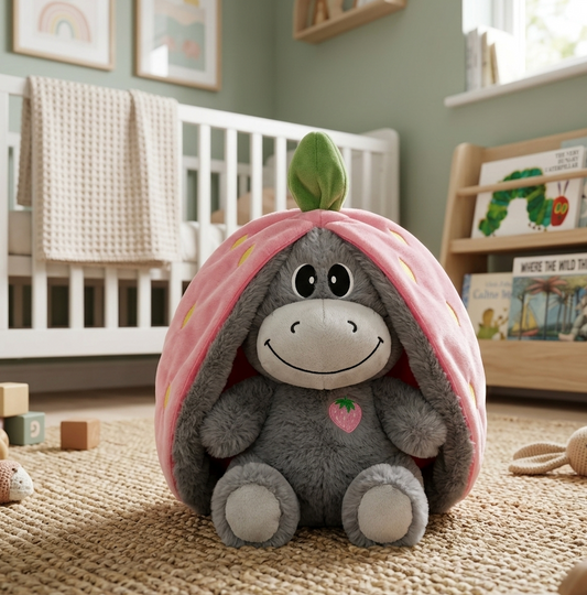 Plush breathing music doll, gray donkey with pink hood and heart chest badge, held