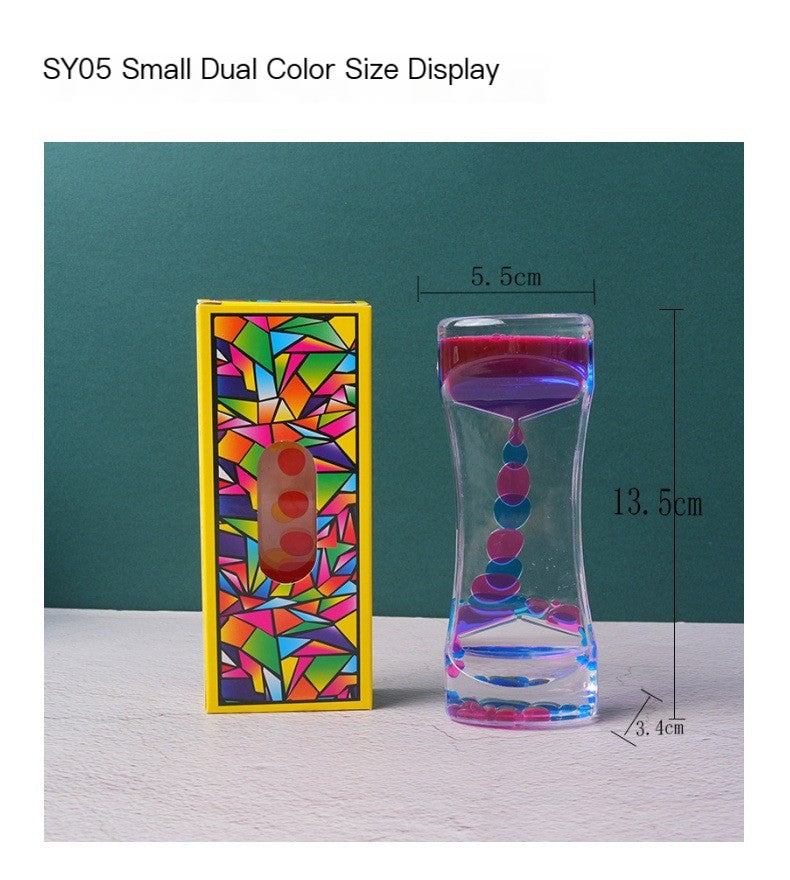 Small dual-color liquid hourglass timer with purple liquid and blue base, with size diagram