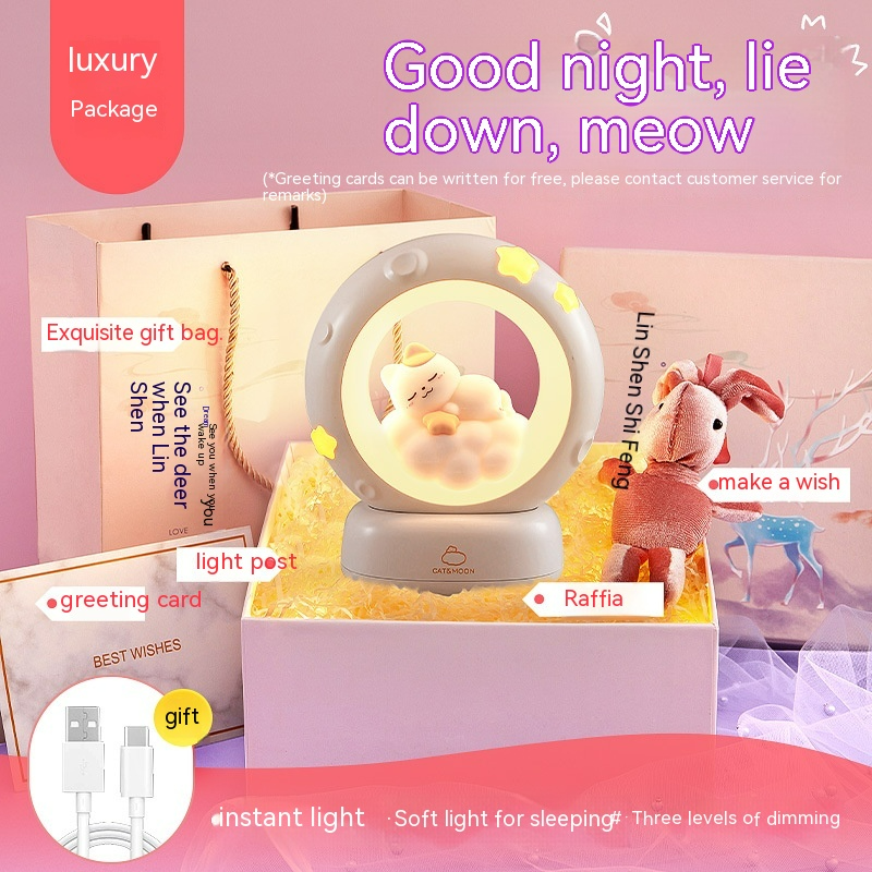 Moon night light lamp with sleeping kitten in glowing ring, gift box package