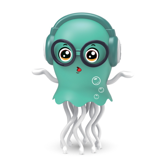 Teal dancing jellyfish toy with round goggles and over-ear headphones.