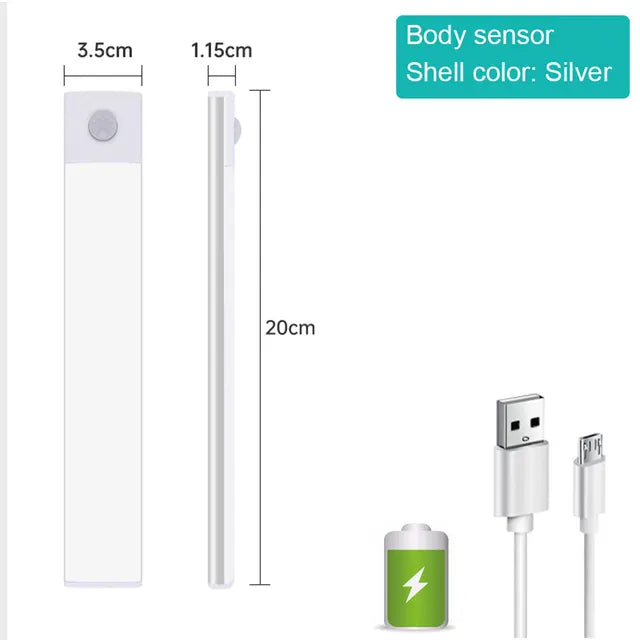 20cm silver motion-sensor LED light bar with body sensor on the front