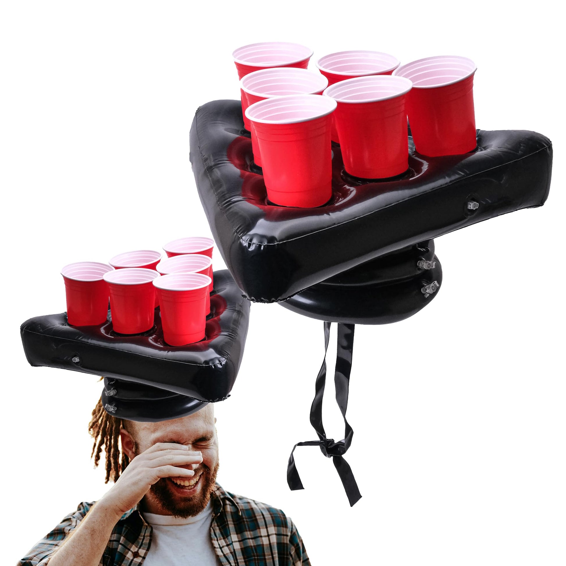 Inflatable black hat game with red pong cups and tie strings