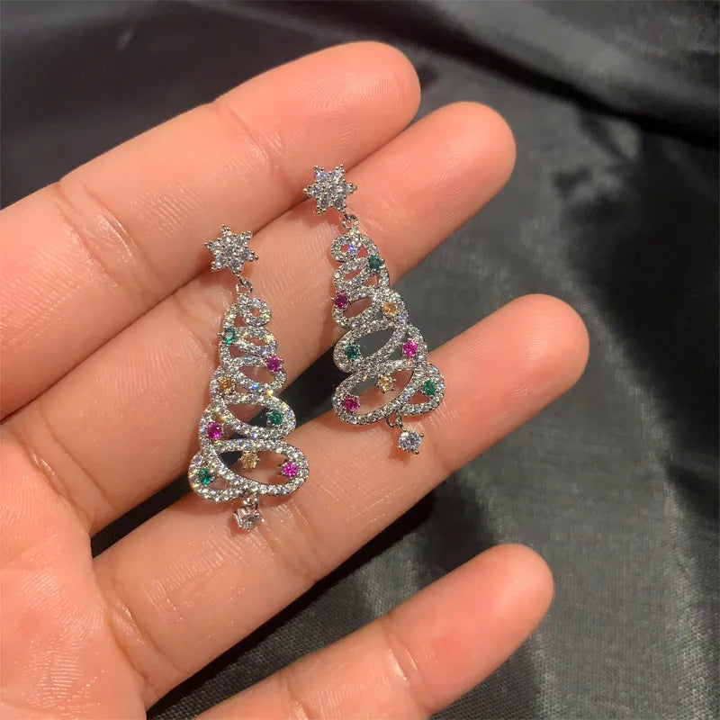 Rhinestone Christmas tree drop earrings with star tops and multicolor gem accents