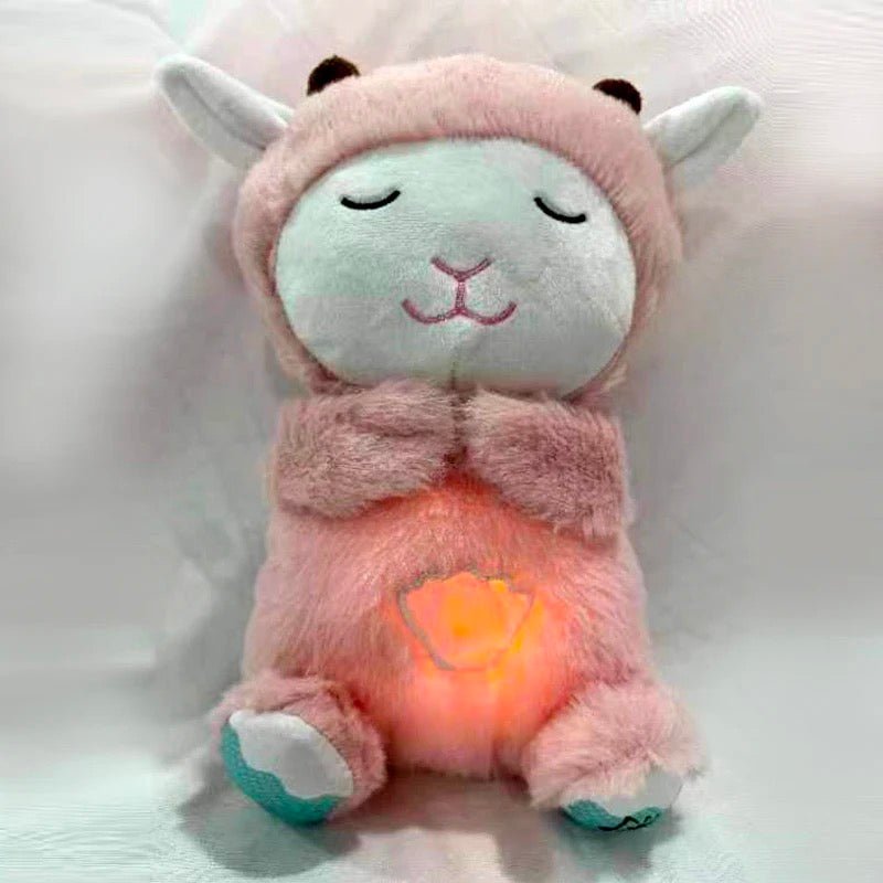 Soothing plush bear in pale pink with closed eyes, glowing belly light, smiling face