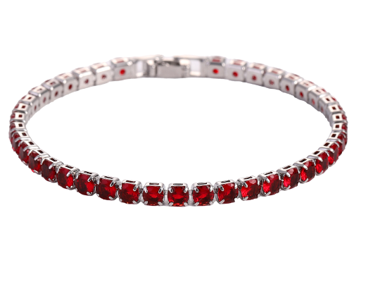 Silver tennis bracelet with red micro zircon stones, continuous row