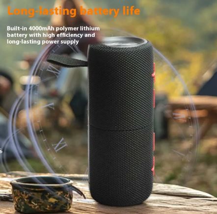 Black portable Bluetooth speaker with textured fabric and glowing top ring, red accents