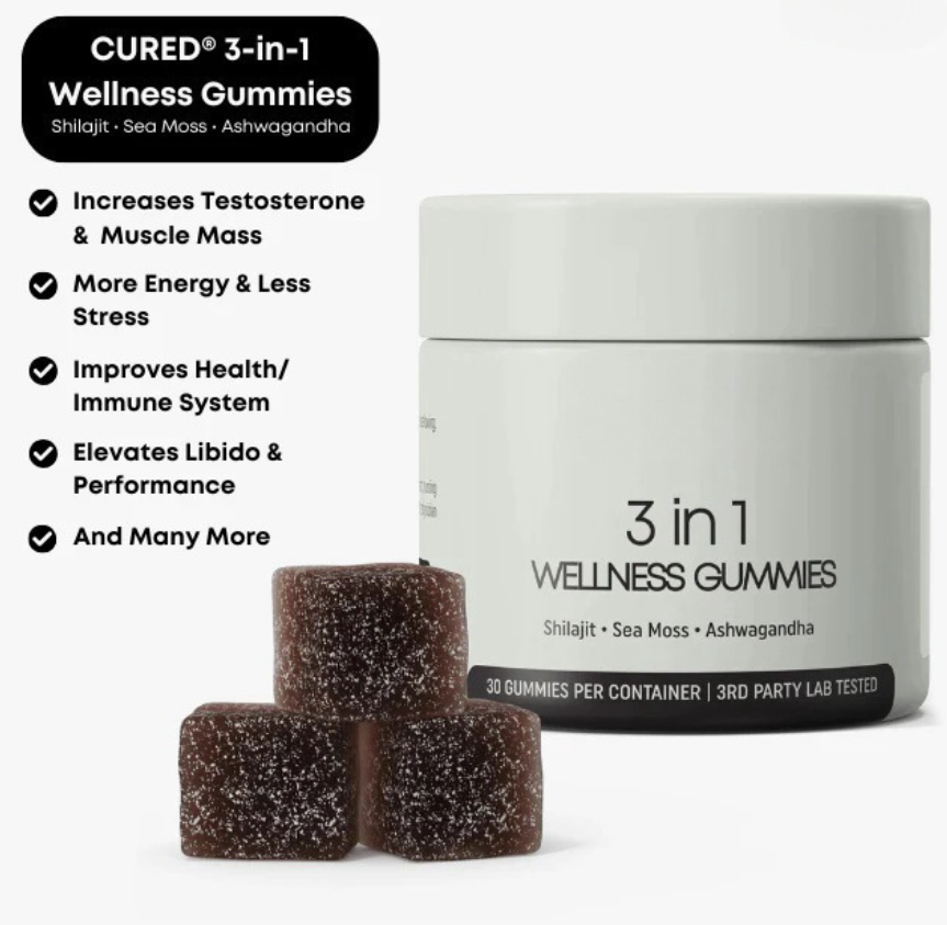 3 in 1 wellness gummies jar with dark gummy cubes, sea moss and ashwagandha