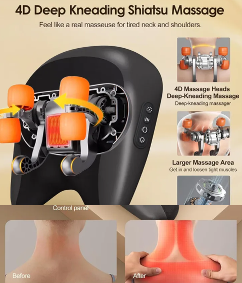 Black 4D kneading massage pillow showing internal orange roller mechanism