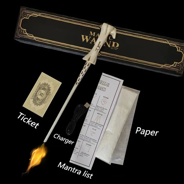 Magic wand toy set with white wand, ticket, paper pages, and flame effect