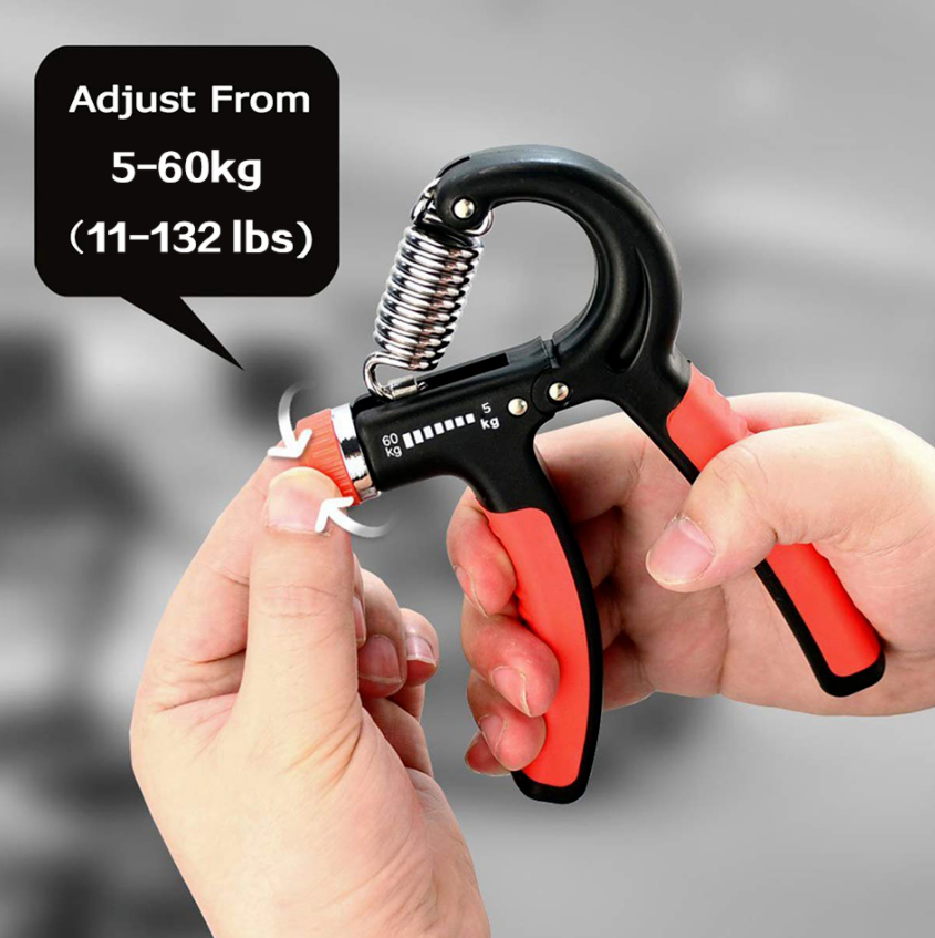 Adjustable hand grip strength trainer with dial setting on black lever and red anti-slip grips